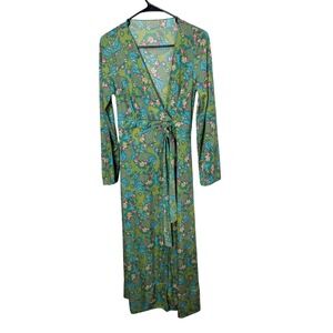 Vintage Sears Maxi‎ Wrap Dress Green Paisley Floral Long Sleeve Boho Bohemian